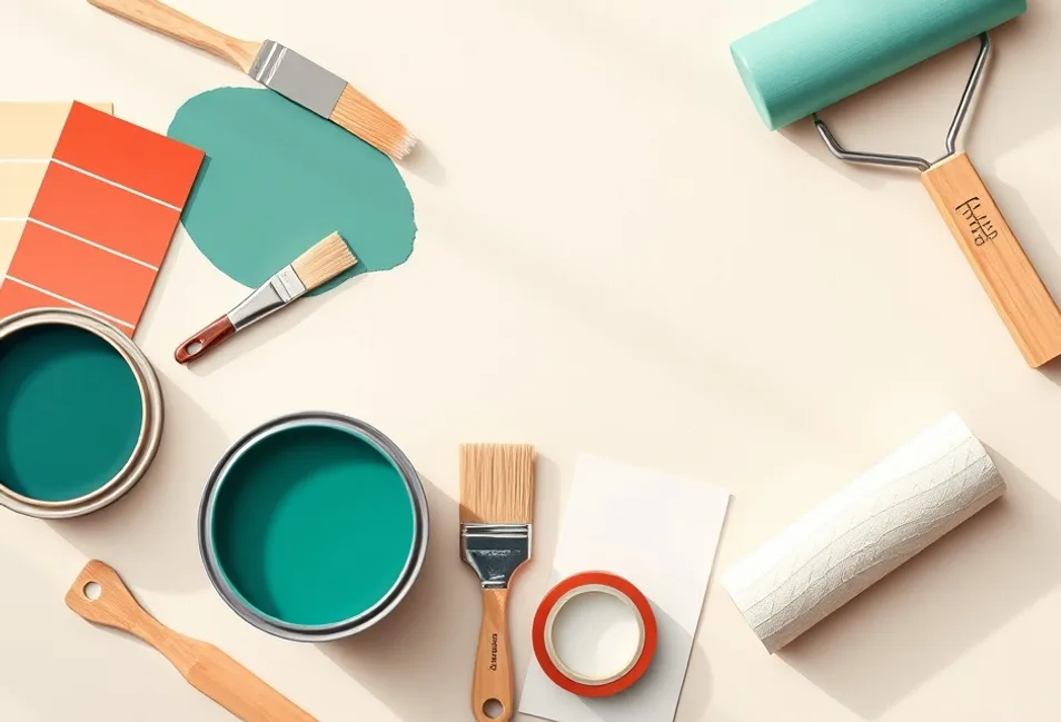 Pots de peinture, nuancier, brosses et rouleaux disposés à plat