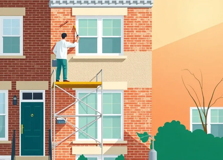 Peintre sur échafaudage traitant la façade d'une maison