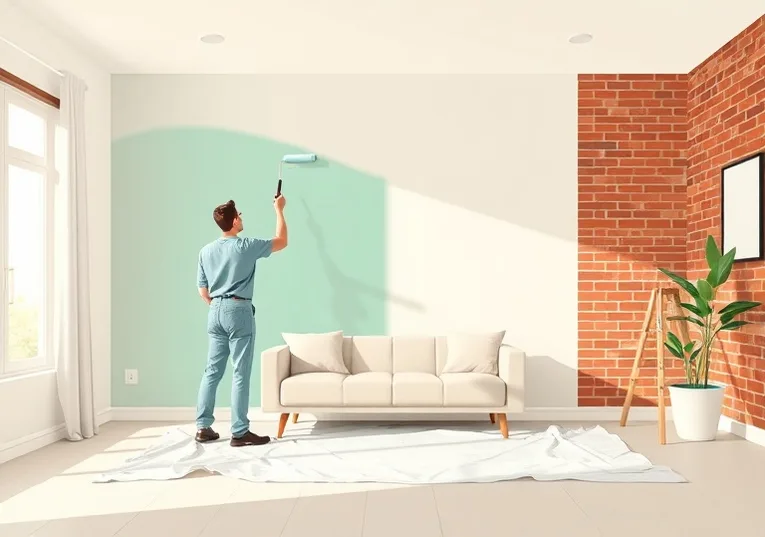 Peintre appliquant la peinture au rouleau sur un mur de salon